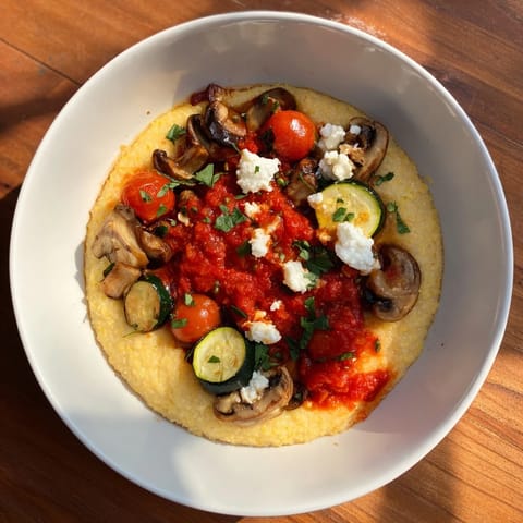 Warm, flavorful Cornmeal Mush Polenta Bowls, perfect with fresh herbs, olive oil, and feta cheese.