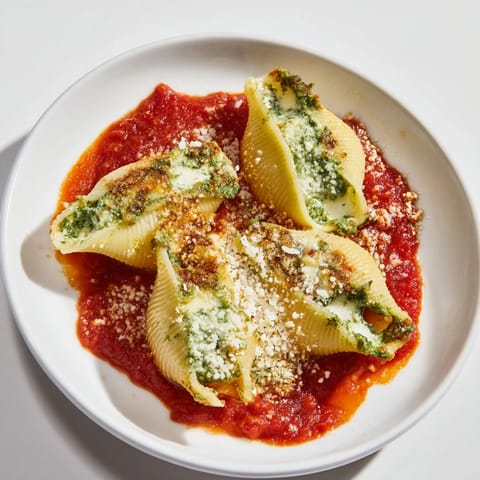 A close-up of cheesy Pesto and Ricotta Stuffed Shells, bubbling in a rich tomato sauce, ready to eat.