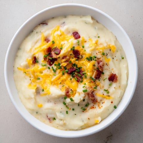 This heartwarming Baked Potato Soup features a close-up of cheesy, creamy, and comforting goodness.
