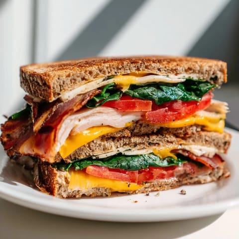 A close-up of a delicious Turkey Bacon, Spinach & Tomato Grilled Cheese, ready to be sliced in half.