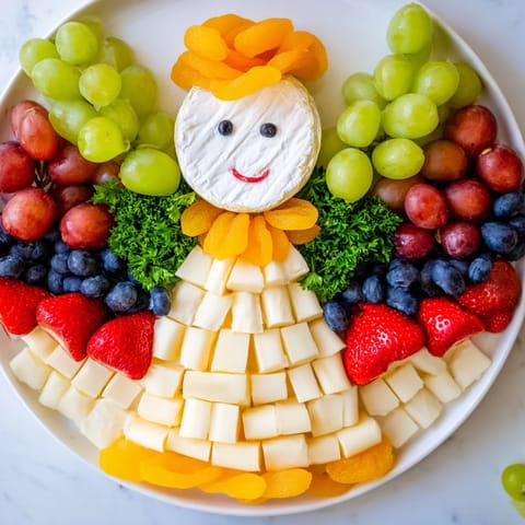 A charming Cherub Angel Snack Tray, filled with vibrant fruits and cheeses, perfect for a baby shower.