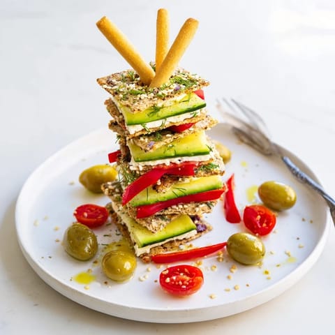 Delicious Urban Skyscraper Appetizers with vibrant red peppers and creamy avocado layers atop crackers.