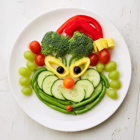 Adorable Grinch face made with a Savory Crudités vegetable platter, ready for a festive, healthy appetizer.