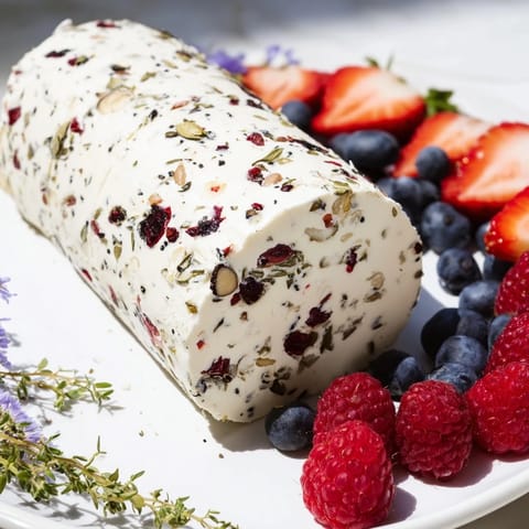 A close-up of a festive Cranberry & Goat Cheese Log with berries and serving crackers alongside.