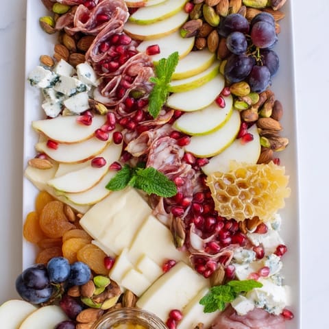 A lavish Pomegranate Jewel Cascade displays cheese, meats, and jewel-toned pomegranate arils in a stunning arrangement.