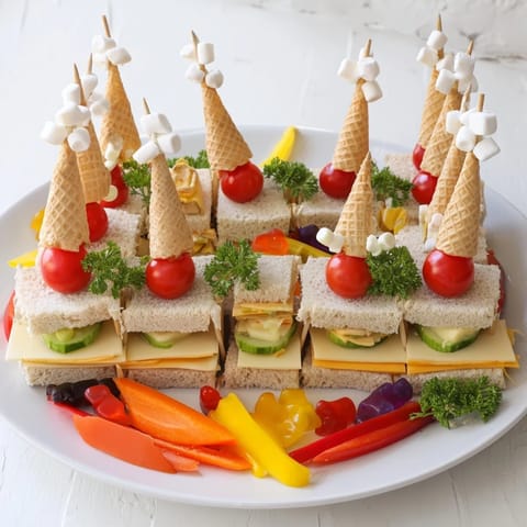 Fairy Tale Castle Platter with colorful veggies and sweet treats perfectly displayed for a kids' party.
