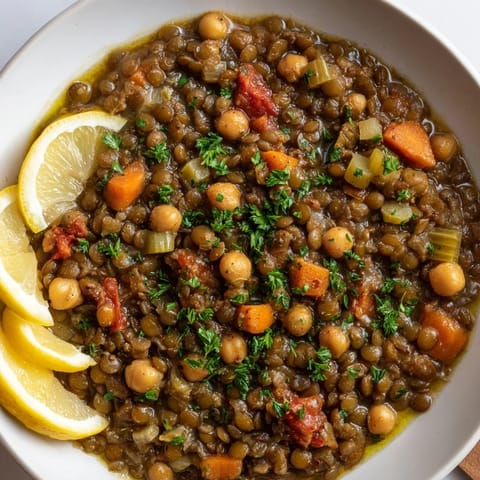 Golden-hued Middle Eastern Lentil and Chickpea Stew, showcasing hearty lentils and chickpeas with vibrant flavors.