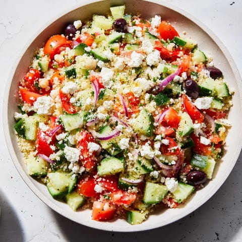 A colorful close-up of a Mediterranean Chickpea and Feta Bowl, ready to eat with Kalamata olives and parsley.