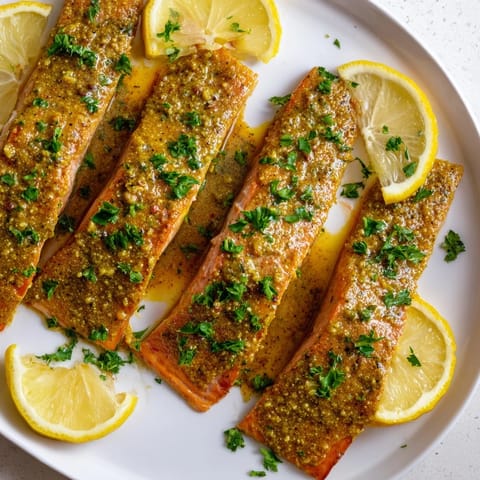 A close-up of flaky honey mustard salmon, glistening from its sweet and savory glaze.