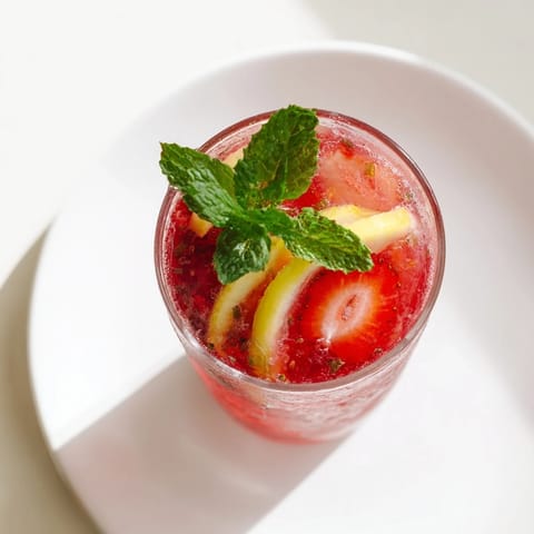 Bright red strawberry DIY Fruit Refresher Drinks glistening in a tall glass, garnished with fresh mint and berries.