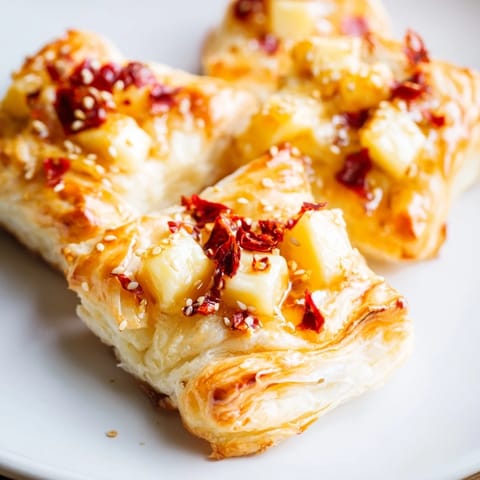 Warm, flaky Chili Crisp Honey Brie Bites with melted cheese and a glistening honey drizzle, ready to serve.