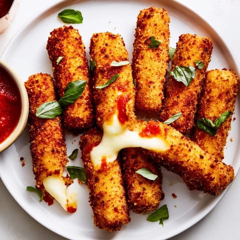 Melting cheese oozing from perfectly cooked air fryer mozzarella sticks, ready for a quick snack.