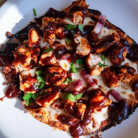 Fresh cilantro garnishes a slice of homemade BBQ chicken flatbread, revealing tender chicken and melted cheese on a golden crust.  