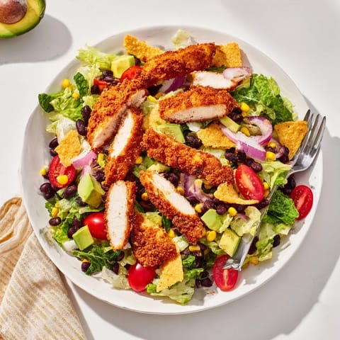 A close-up view of the Crispy Chicken Taco Salad shows creamy salsa ranch dressing drizzled over crunchy tortilla strips and diced avocado.
