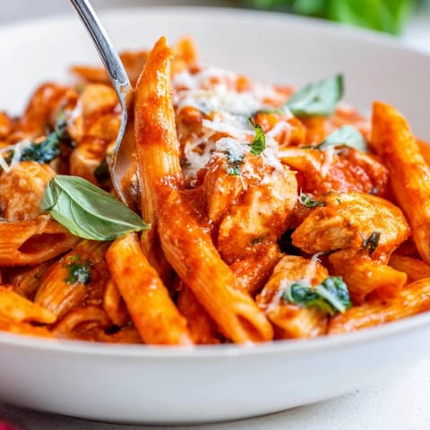 A close-up view of fork-twisted Tomato Basil Chicken Pasta, scattered fresh basil leaves, and melty Parmesan on top.