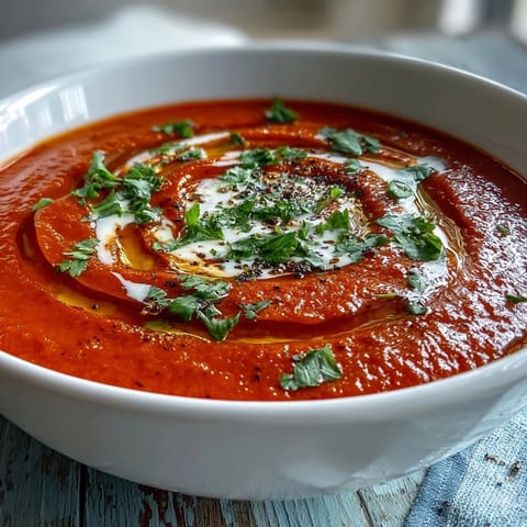 A bowl of Roasted Red Pepper Soup garnished with crème fraîche and cilantro, with crusty bread.