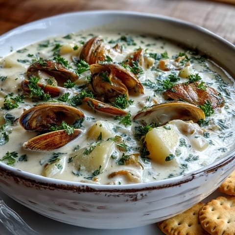Warm New England Clam Chowder with tender potatoes and chopped clams, steaming on a wooden table with crusty bread.