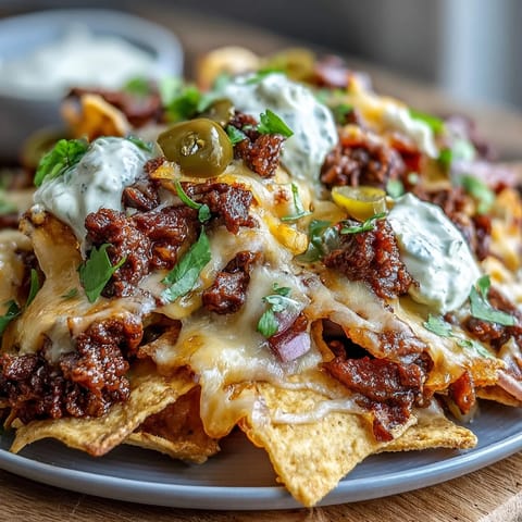 A heaping platter of BBQ Beef Nachos garnished with sour cream, jalapeños, and fresh cilantro.