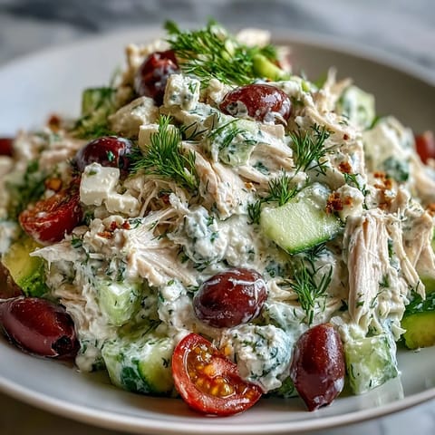 Freshly shredded rotisserie chicken tossed in creamy homemade tzatziki sauce with diced cucumber and red onion.