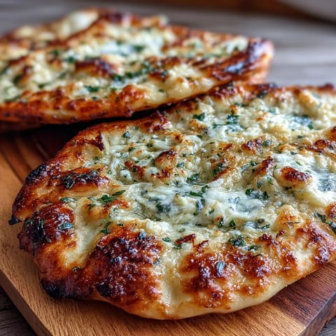Freshly baked The Best Easy Garlic Naan Bread on a wooden board with garlic butter and herbs.