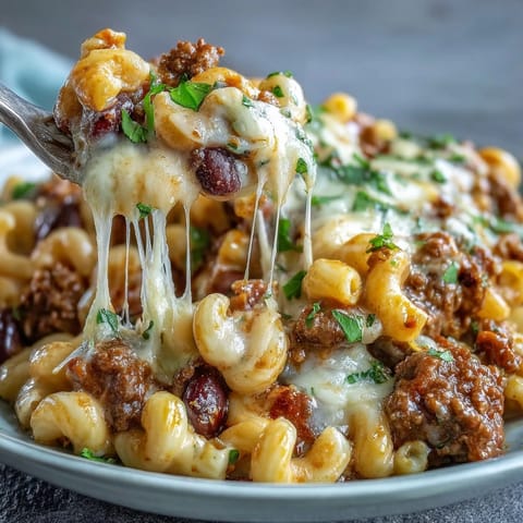 Creamy One-Pan High Protein Chili Mac with melted cheddar and hearty ground beef in a rustic bowl.