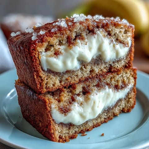 Warm slice of Cream Cheese Cinnamon Swirl Banana Bread with gooey cinnamon sugar topping on a rustic plate.