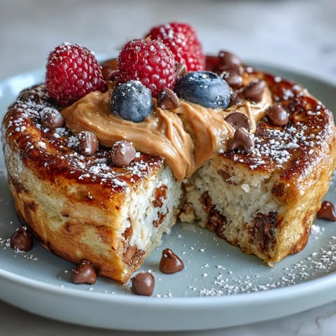 A single-serve Baked Protein Pancake Bowl, fluffy and warm, pulled from the oven and ready to eat as a quick meal prep idea.
