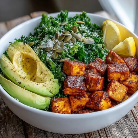 This Tofu Breakfast Bowl showcases bright green kale, golden tofu, and sliced avocado, finished with pumpkin seeds for extra crunch.