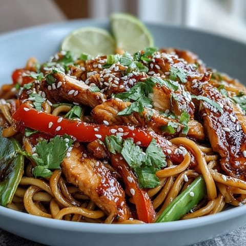 A close-up of a Sesame Chicken Noodle Bowl, garnished with sesame seeds and fresh cilantro.