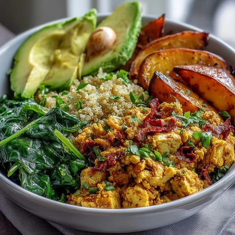 Hearty Tofu Scramble Vegan Breakfast Bowl with fluffy quinoa, golden roasted sweet potatoes, and wilted spinach, garnished with fresh green onions.