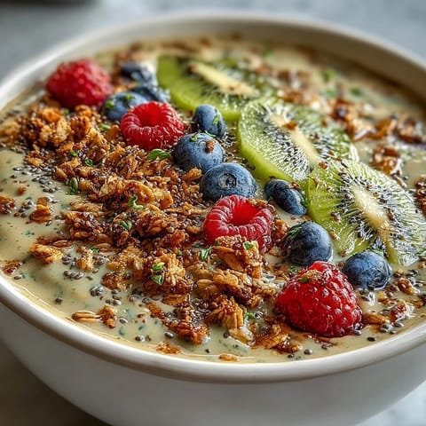 Creamy Hojicha Smoothie Bowl topped with fresh berries, kiwi, and crunchy granola for a nourishing Japanese-inspired breakfast.