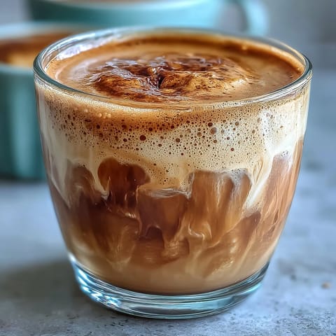 Warm Hojicha Cortado with creamy steamed milk and roasted tea aroma in a clear glass mug.