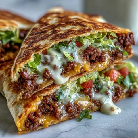 Golden-brown Keto Crunchwraps stuffed with seasoned beef, melty cheddar cheese sauce, fresh lettuce, and tomato on a plate.