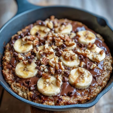 Fresh banana slices and toasted walnuts top a gooey, freshly baked Chunky Monkey Oatmeal Cookie Skillet.