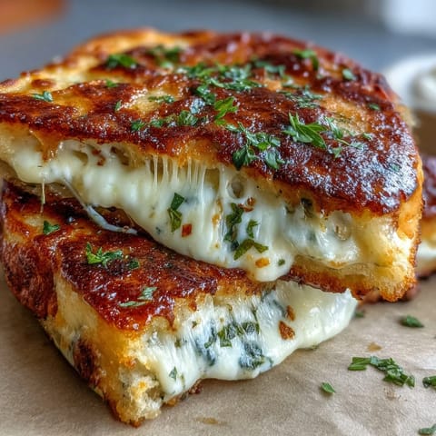 Buttery Brown Butter Garlic Naan Grilled Cheese halves ooze melted mozzarella on a wooden board. 