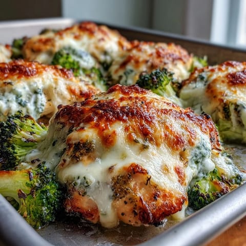 A close-up view of juicy Ranch Chicken & Broccoli Sheet Pan Melt with bubbly cheese and bright green vegetables.  