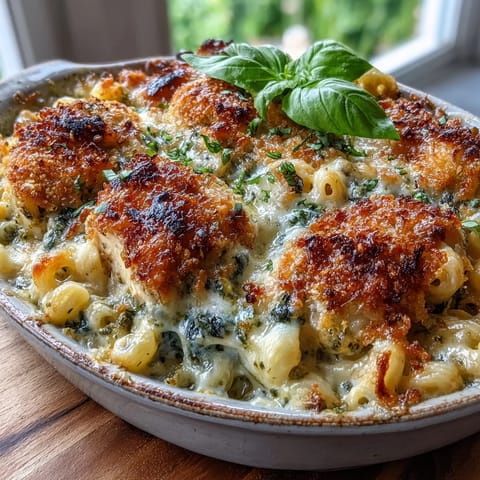 Golden, bubbling Baked Pesto Chicken Mac & Cheese fresh from the oven with a crunchy panko topping.