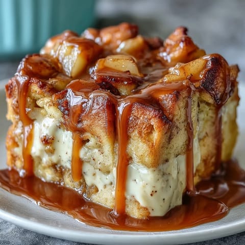 A warm serving of Caramel Apple Cheesecake Bread Pudding is drizzled generously with rich caramel sauce.