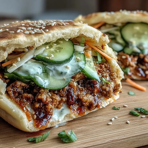 Warm, freshly assembled Korean Turkey Stuffed Naan Pockets topped with shredded carrots and green onions.