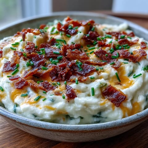 A close-up shows a creamy Keto Bacon and Cheddar Cauliflower Mash in a rustic bowl, garnished with fresh chives and extra bacon bits for a low-carb side dish.