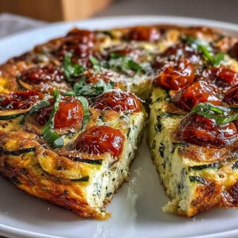 A warm slice of Light Zucchini and Tomato Frittata next to cherry tomatoes and fresh basil garnish.