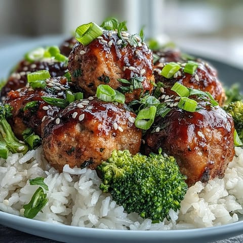 Golden-baked turkey meatballs glazed in sticky honey-garlic sauce, served over fluffy rice and bright green steamed broccoli in a bowl.