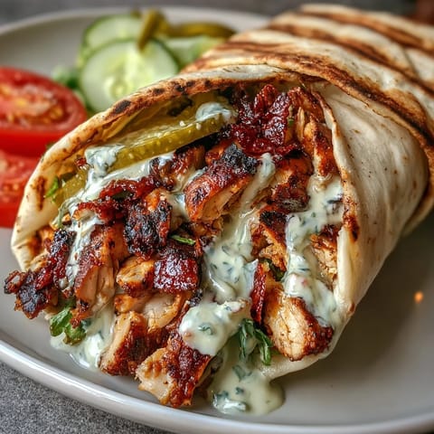 Middle Eastern chicken shawarma served in warm pita with sliced cucumbers, tomatoes, shredded lettuce, and zesty garlic sauce.  