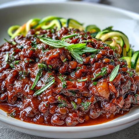 Hearty lentil Bolognese sauce with aromatic herbs spooned over fresh spiralized zucchini and carrot noodles for a light, satisfying meal.  