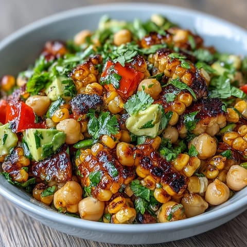 Colorful street corn salad with chickpeas, charred corn, red bell pepper, and zesty chili-lime dressing in a rustic serving bowl.  