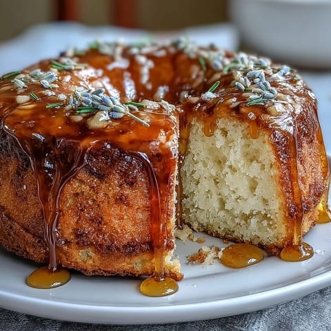 Aromatic honey lavender cake topped with glossy salted honey glaze, perfect for spring celebrations or tea time.