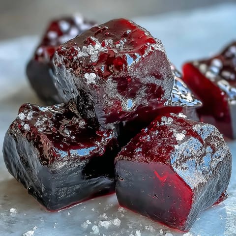 Close-up of homemade black currant licorice candy squares, glistening with a light sugar coating.  