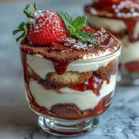 Romantic strawberry tiramisu cups feature fluffy mascarpone cream, juicy berries, and cocoa-dusted ladyfingers for a Valentine's dessert.  