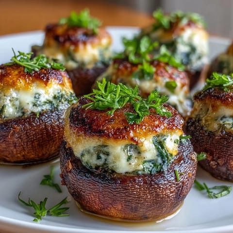 Savory air fryer stuffed mushrooms filled with garlic cream cheese and fresh spinach, a vegetarian crowd-pleaser.  
