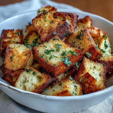 Golden sourdough croutons seasoned with garlic and herbs, crisped to perfection in the air fryer.  